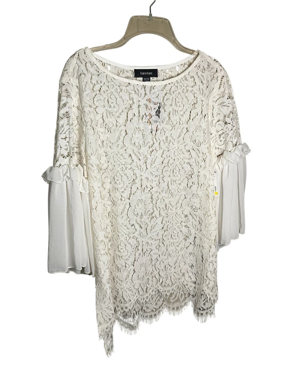 Karen Kane Blouse Top Womens Large‎ White Lace Trim Ruffle Sleeve Scalloped Hem